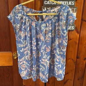 LC Lauren Conrad Icy Blue Floral Top Scallop Tie XL Sheer Cottagecore Laguna Bea